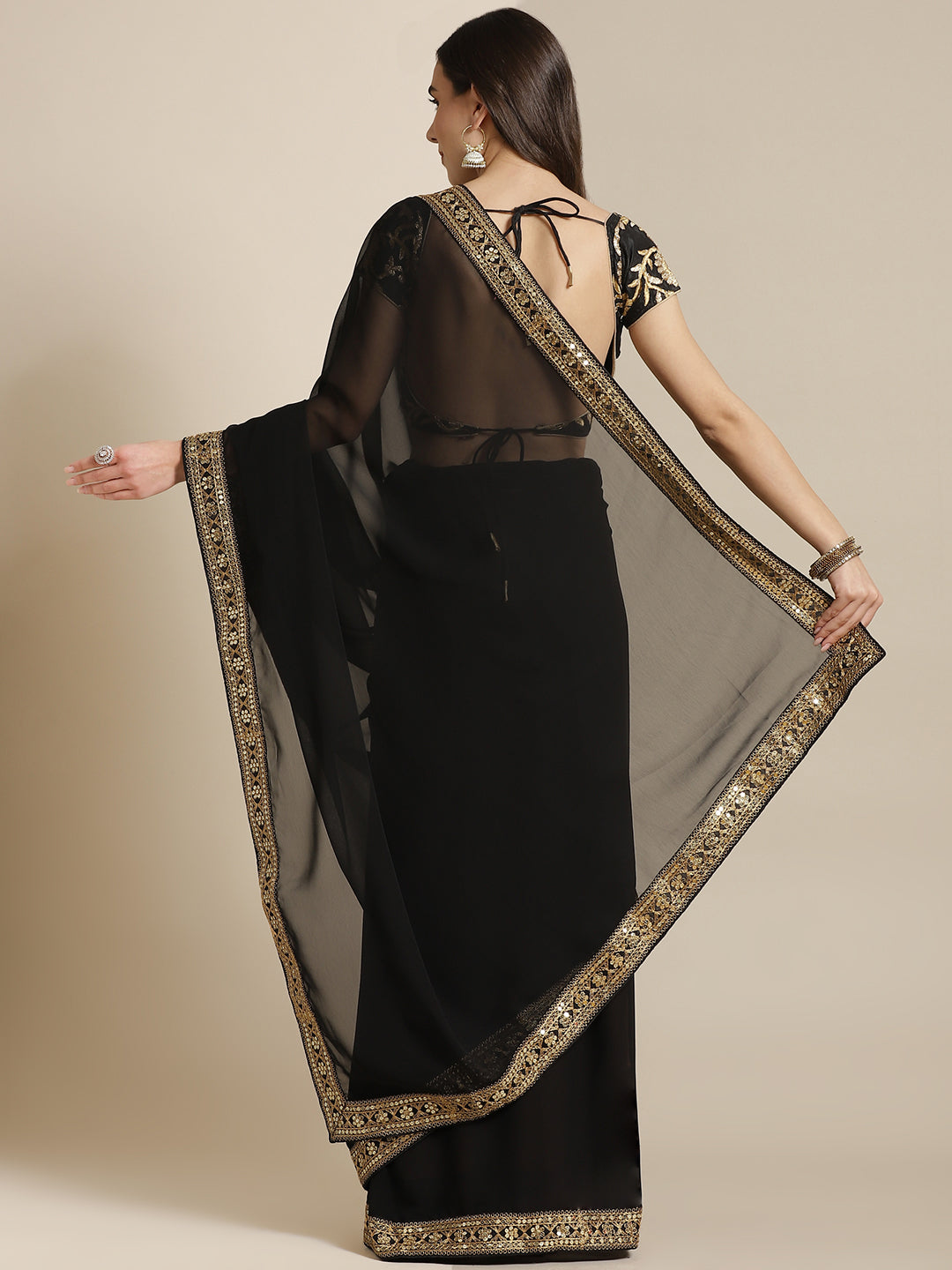 Black Georgette Sequence Embroidery Border Saree with Brocade Blouse