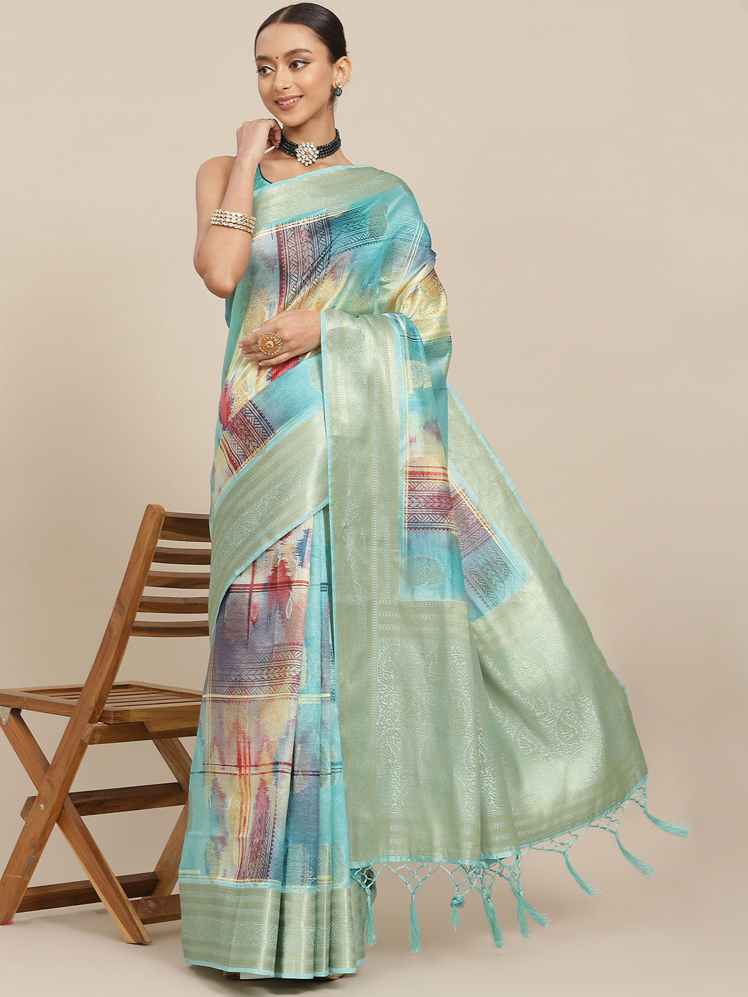 Aqua Blue Multi Color Texture Print & Zari Woven Embellished Saree