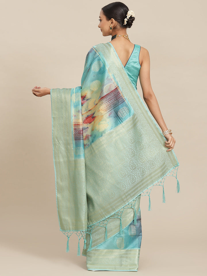 Aqua Blue Multi Color Texture Print & Zari Woven Embellished Saree
