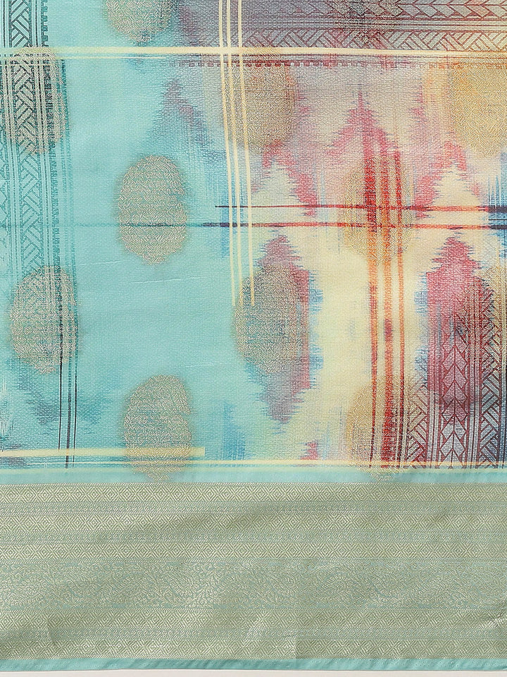 Aqua Blue Multi Color Texture Print & Zari Woven Embellished Saree