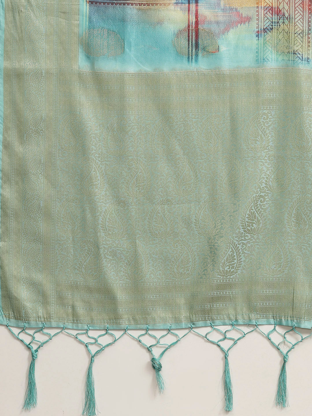 Aqua Blue Multi Color Texture Print & Zari Woven Embellished Saree