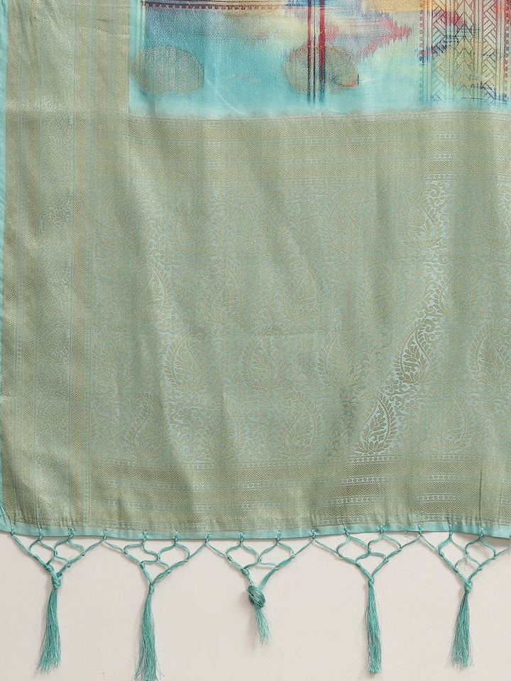 Aqua Blue Multi Color Texture Print & Zari Woven Embellished Saree