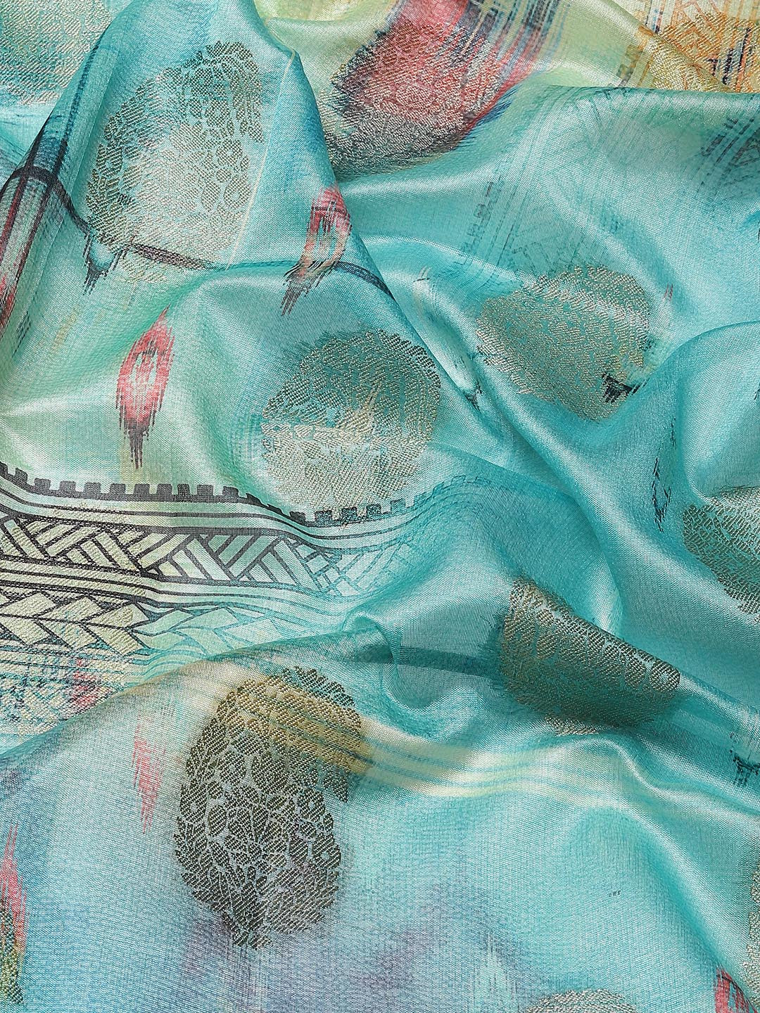 Aqua Blue Multi Color Texture Print & Zari Woven Embellished Saree