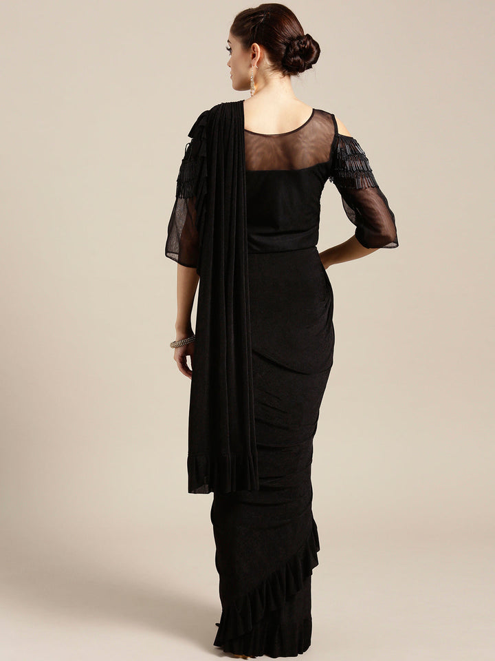 Draped Ruffled Pre-stitched Saree with Net Sequin Embroidered Crop Top Blouse