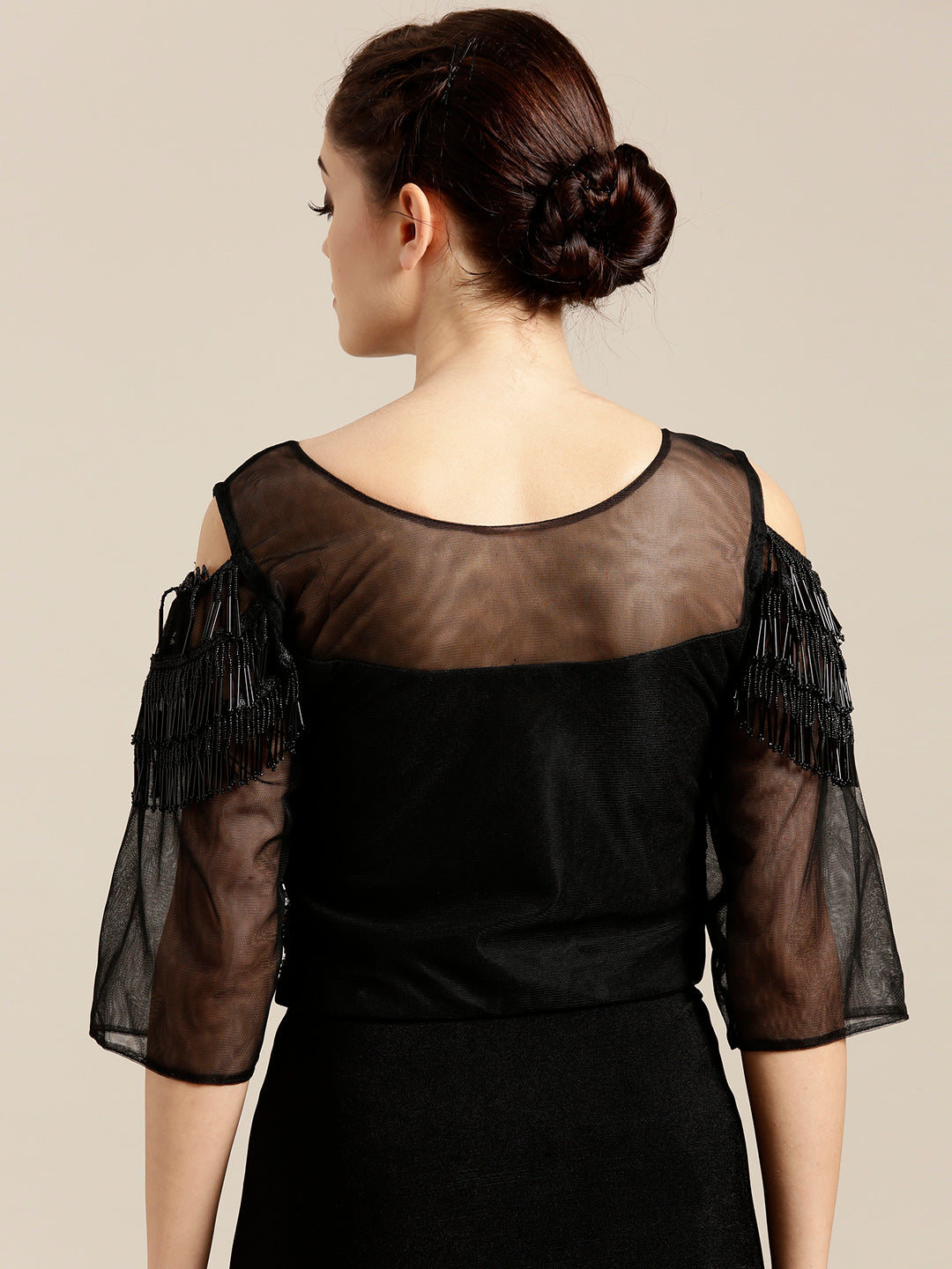 Draped Ruffled Pre-stitched Saree with Net Sequin Embroidered Crop Top Blouse
