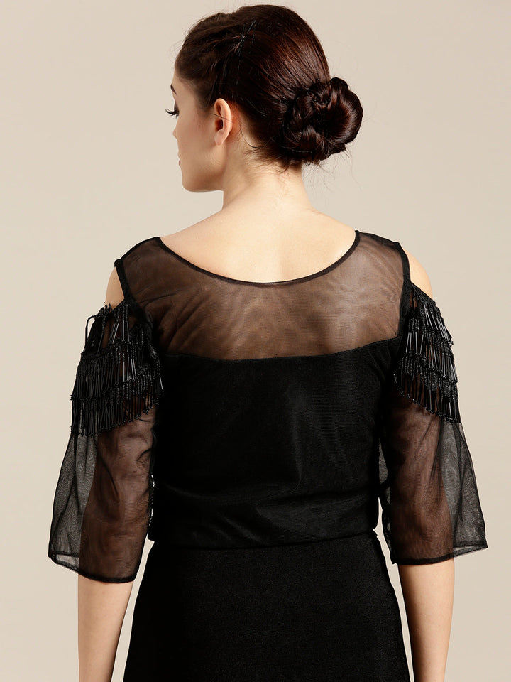 Draped Ruffled Pre-stitched Saree with Net Sequin Embroidered Crop Top Blouse