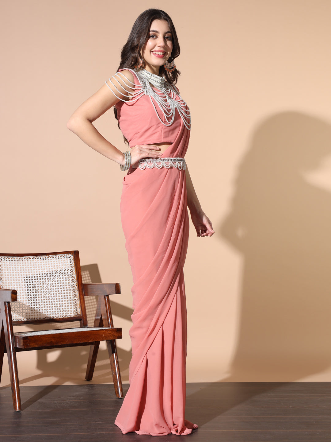 Chhabra 555 Pre-stitched Georgette Saree with Pearl & Crystal Embroidered Scalloped Neck Cape & Belt