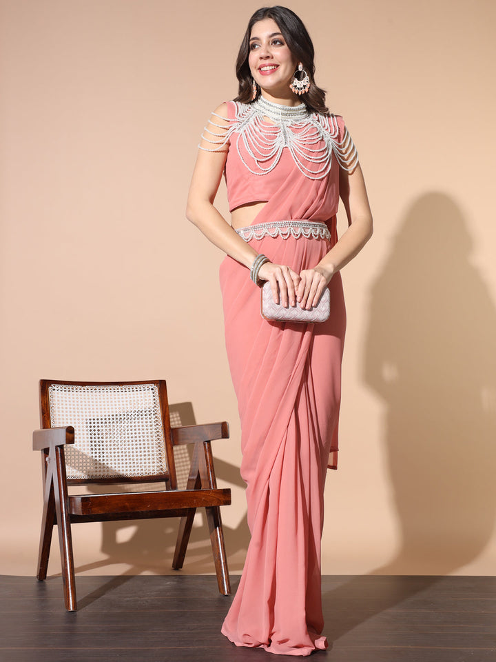 Georgette Saree with Pearl & Crystal Embroidered Neck Cape & Belt