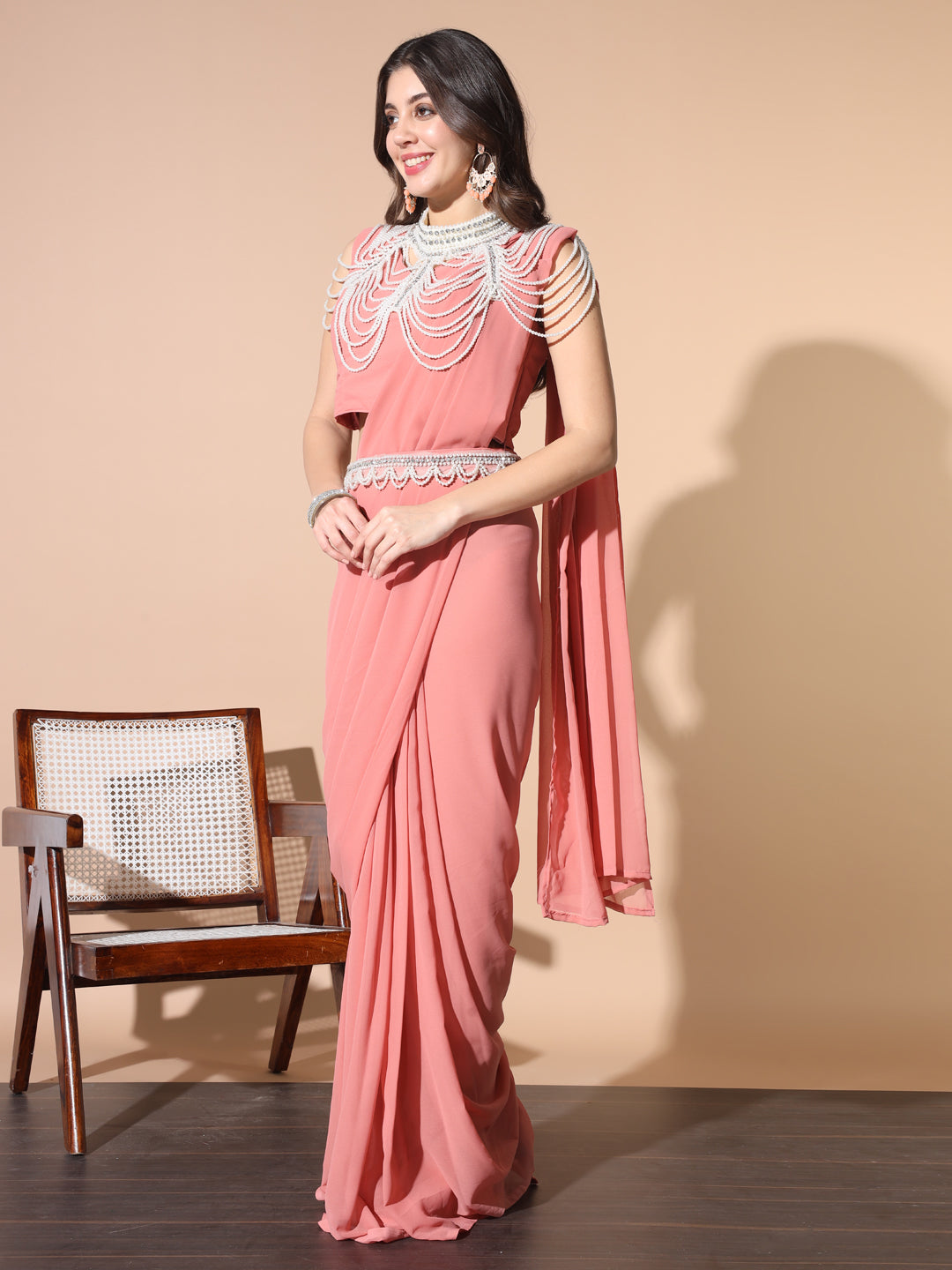 Georgette Saree with Pearl & Crystal Embroidered Neck Cape & Belt