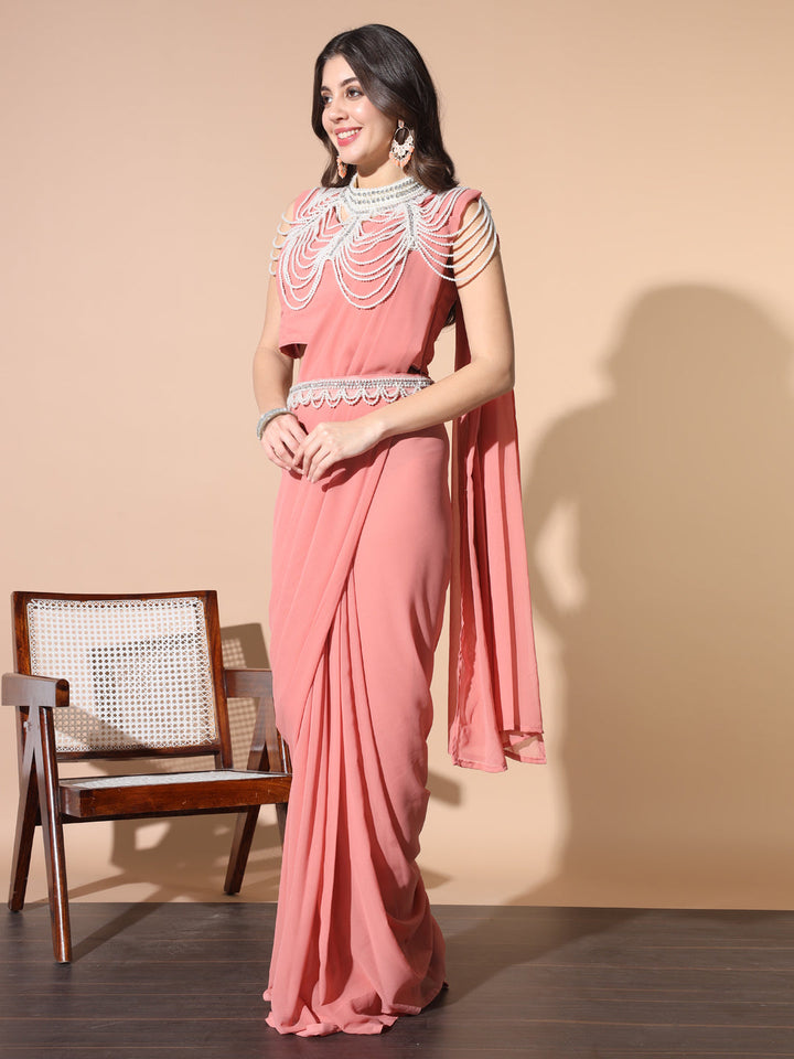 Georgette Saree with Pearl & Crystal Embroidered Neck Cape & Belt