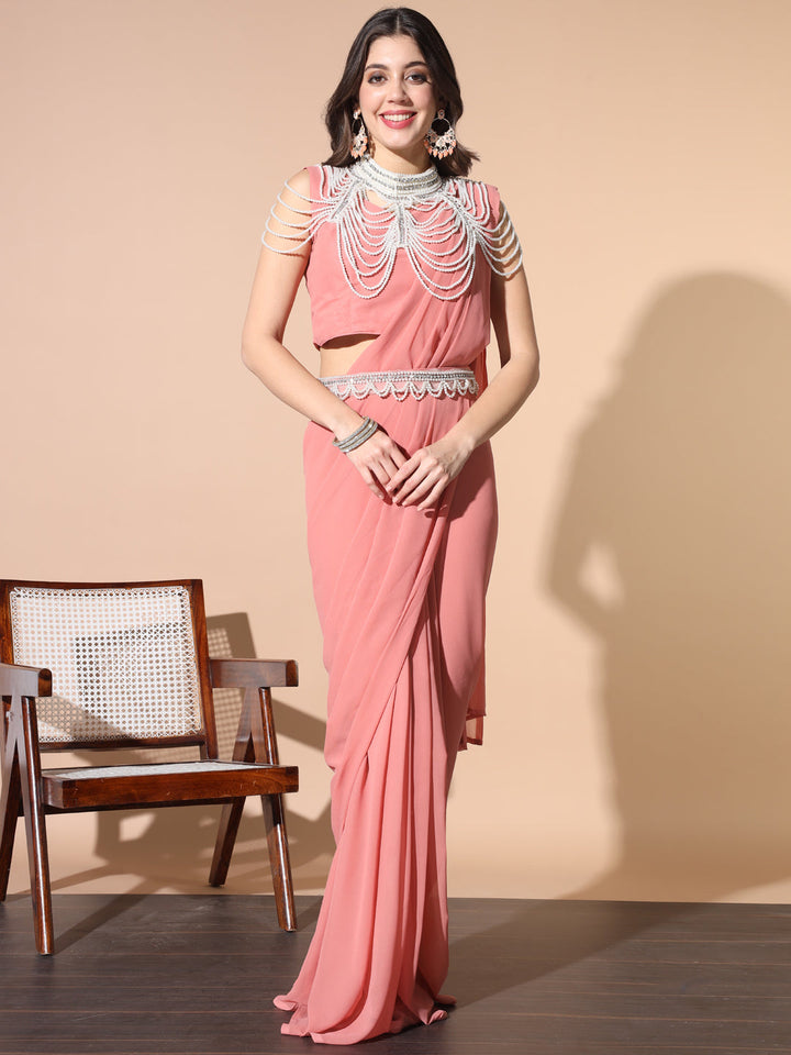 Georgette Saree with Pearl & Crystal Embroidered Neck Cape & Belt
