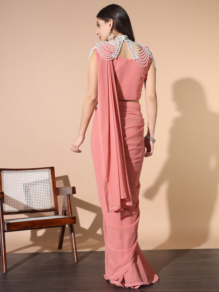Georgette Saree with Pearl & Crystal Embroidered Neck Cape & Belt