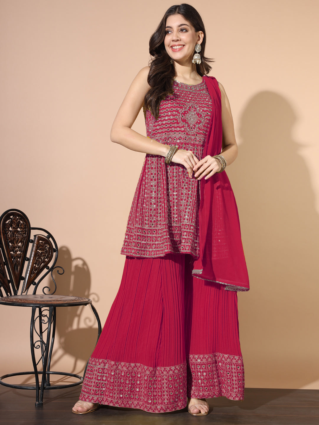 Mirror Embellished Kalidar Kurta Set with Pleated Palazzo