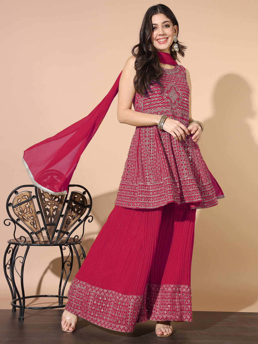 Mirror Embellished Kalidar Kurta Set with Pleated Palazzo