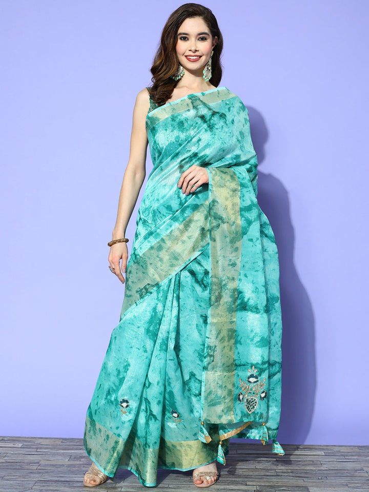 Turquoise Blue Tie & Dye Print, Gota Patti & Resham Embroidered Saree