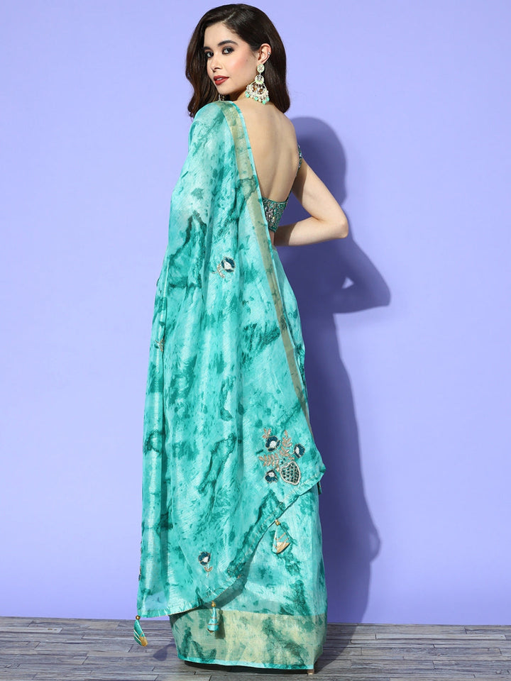 Turquoise Blue Tie & Dye Print, Gota Patti & Resham Embroidered Saree