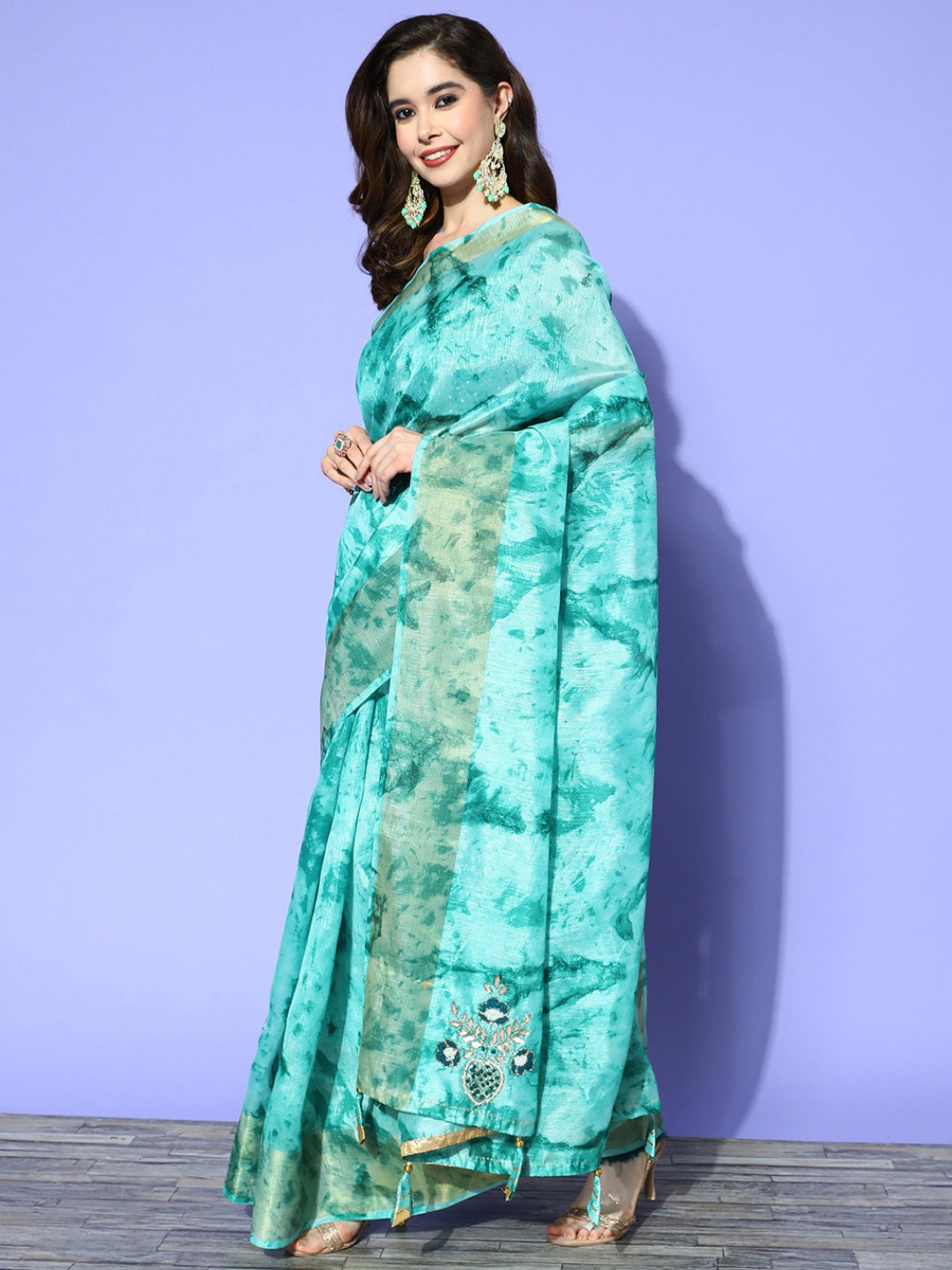 Turquoise Blue Tie & Dye Print, Gota Patti & Resham Embroidered Saree