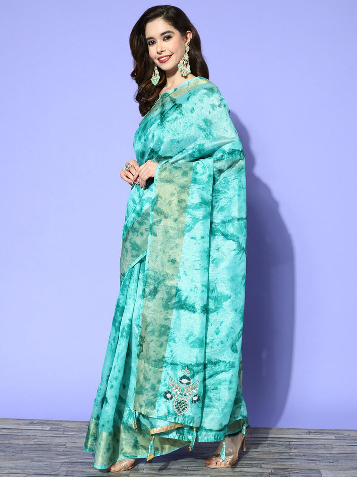 Turquoise Blue Tie & Dye Print, Gota Patti & Resham Embroidered Saree