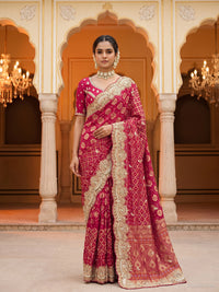 Rani Pink Bandhani Woven Silk Saree with Heavy Embroidered Border