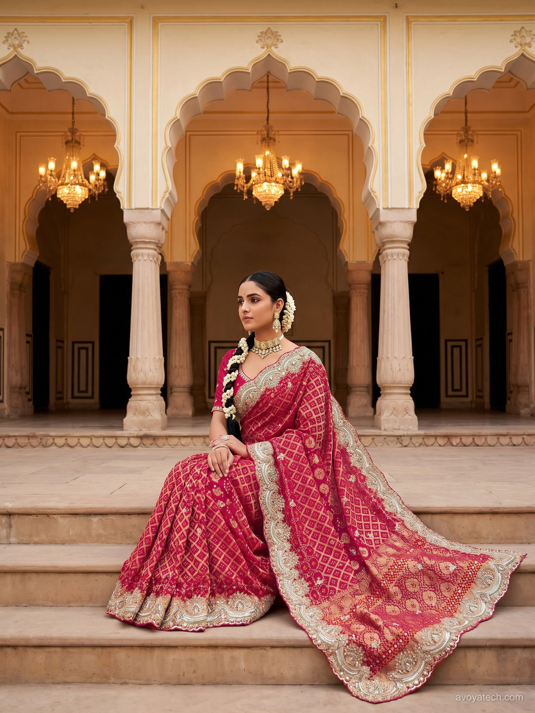 Rani Pink Bandhani Woven Silk Saree with Heavy Embroidered Border