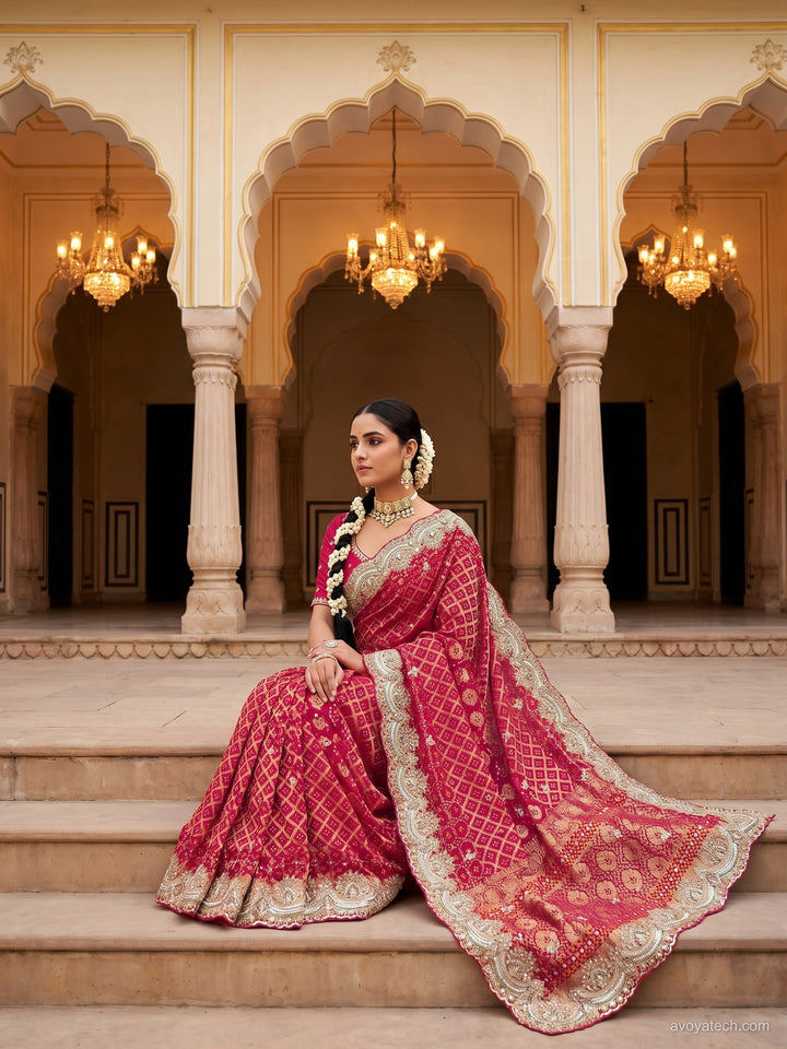 Rani Pink Bandhani Woven Silk Saree with Heavy Embroidered Border