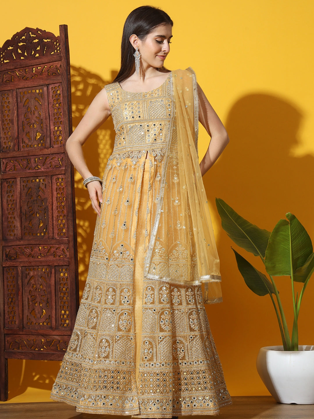 Resham Embroidered Jacket Style High Slit Kurta with Flared Lehenga