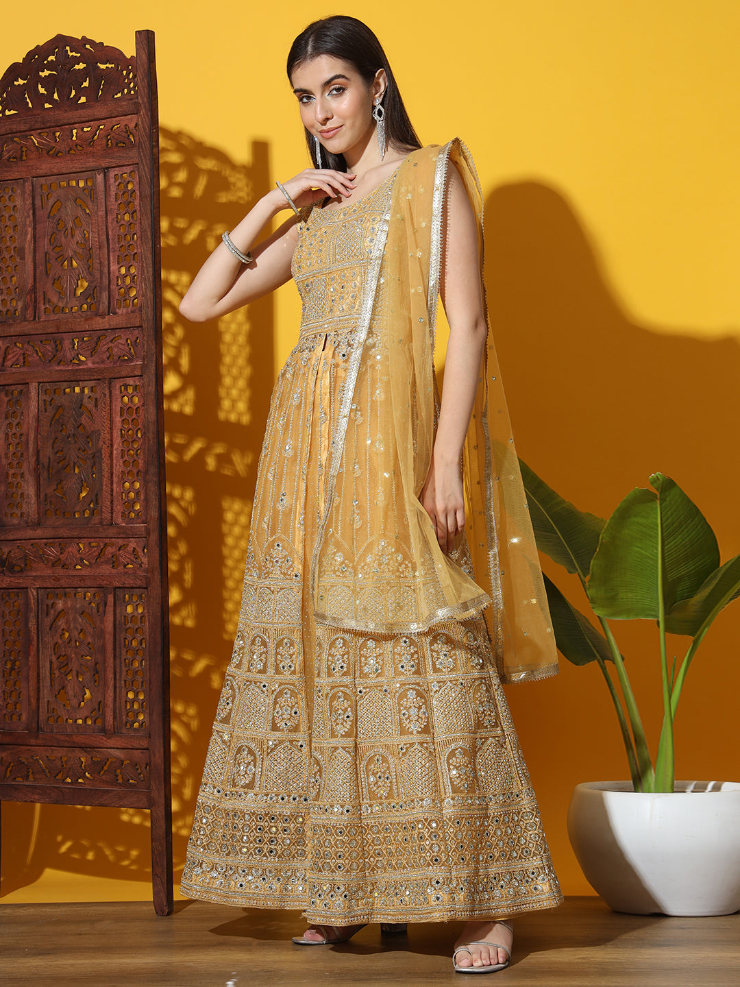 Resham Embroidered Jacket Style High Slit Kurta with Flared Lehenga