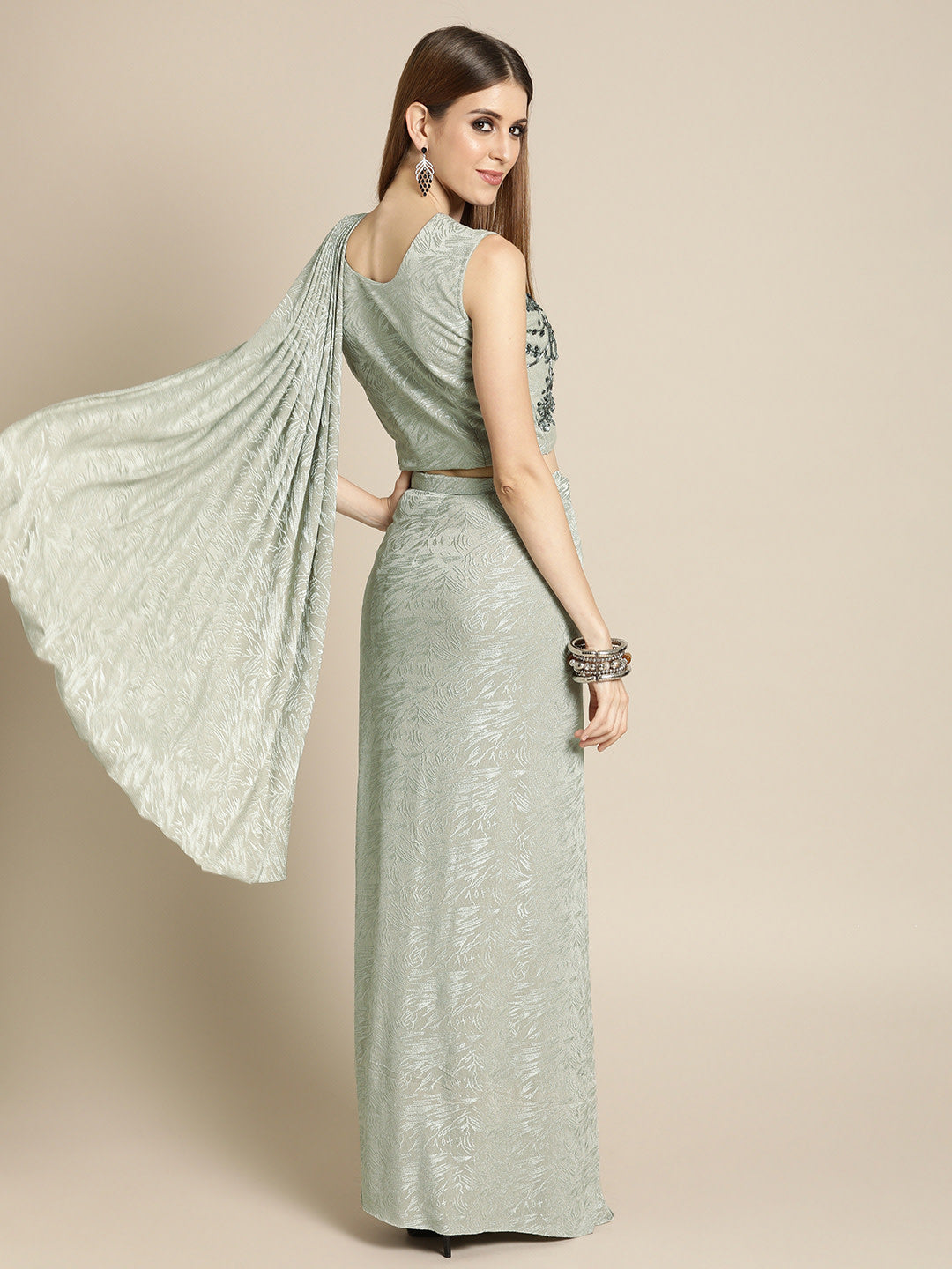 Ruffled Pre-Draped Shimmer Saree with Oxidised Embroidery and Embellished Net Blouse