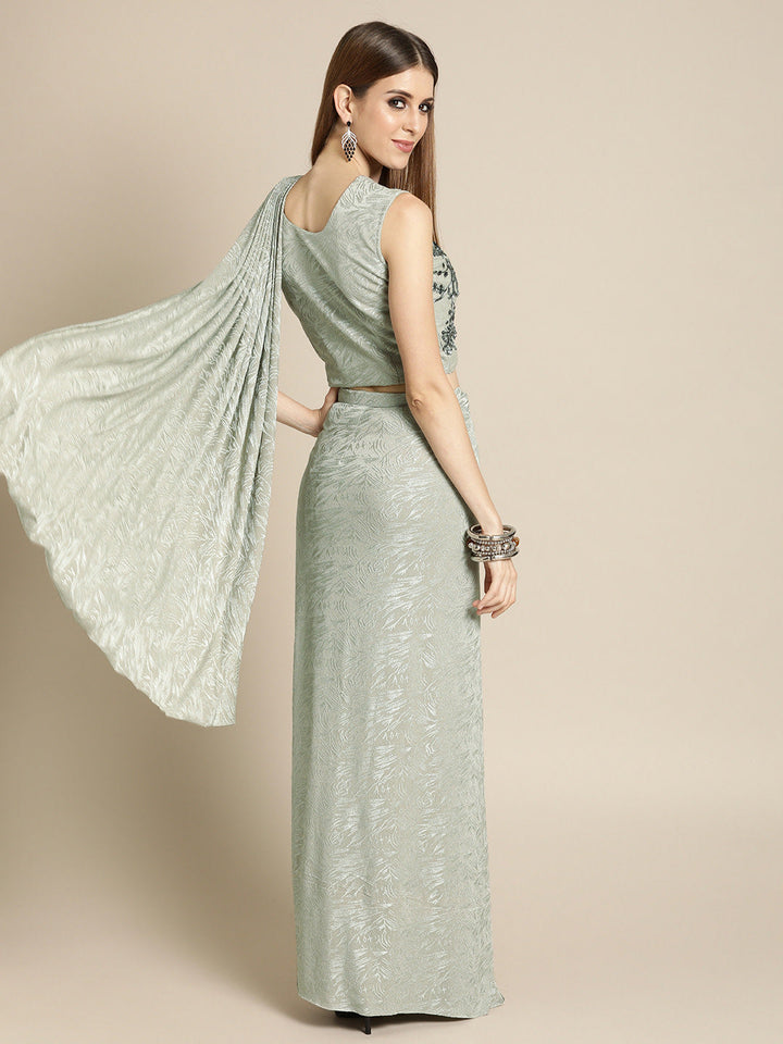 Ruffled Pre-Draped Shimmer Saree with Oxidised Embroidery and Embellished Net Blouse