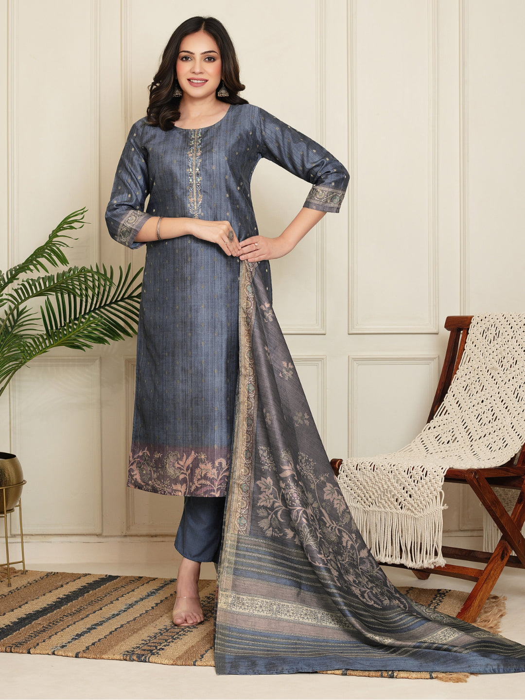 Jacquard Woven Kurta Pant Set with Mirror Embroidered Yoke & Digital Print Dupatta