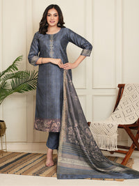 Jacquard Woven Kurta Pant Set with Mirror Embroidered Yoke & Digital Print Dupatta