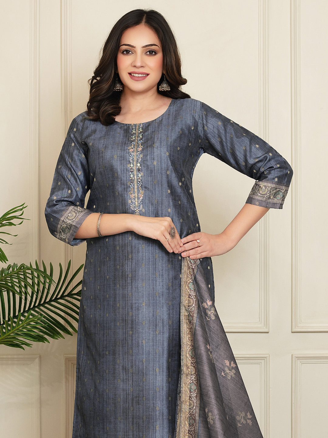 Jacquard Woven Kurta Pant Set with Mirror Embroidered Yoke & Digital Print Dupatta