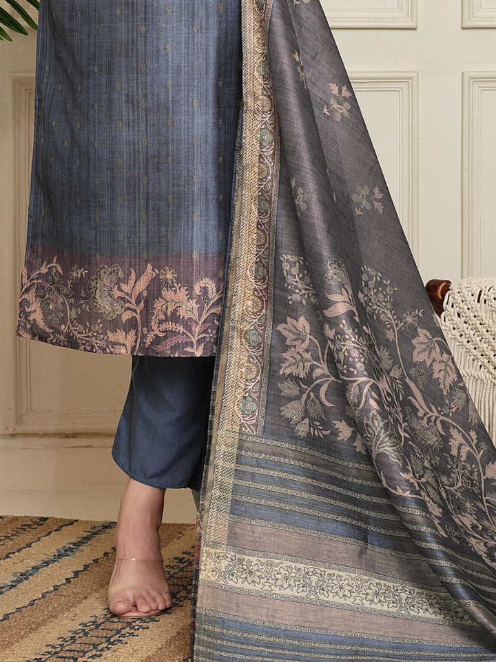 Jacquard Woven Kurta Pant Set with Mirror Embroidered Yoke & Digital Print Dupatta