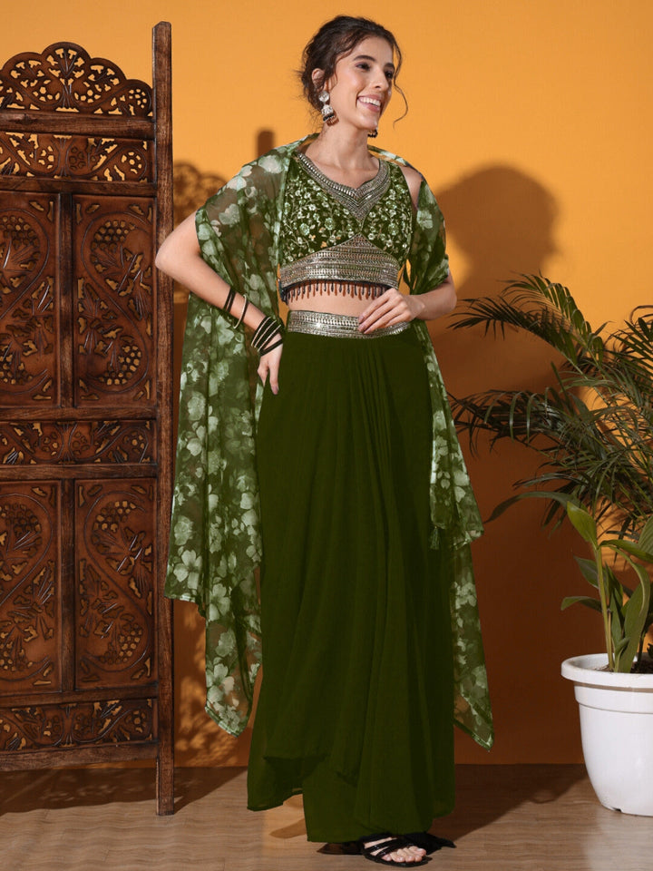 Tasseled Indo-western Crop-Top Set with Floral Print Shrug