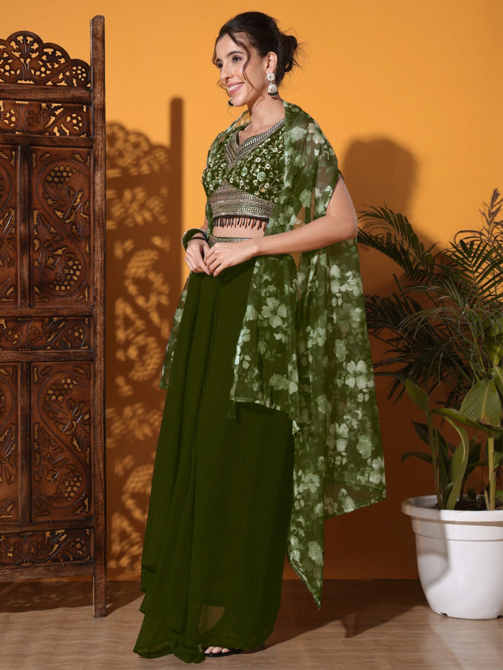 Tasseled Indo-western Crop-Top Set with Floral Print Shrug