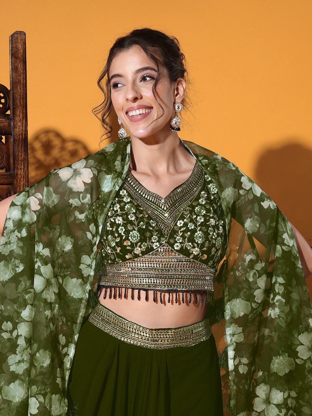 Tasseled Indo-western Crop-Top Set with Floral Print Shrug