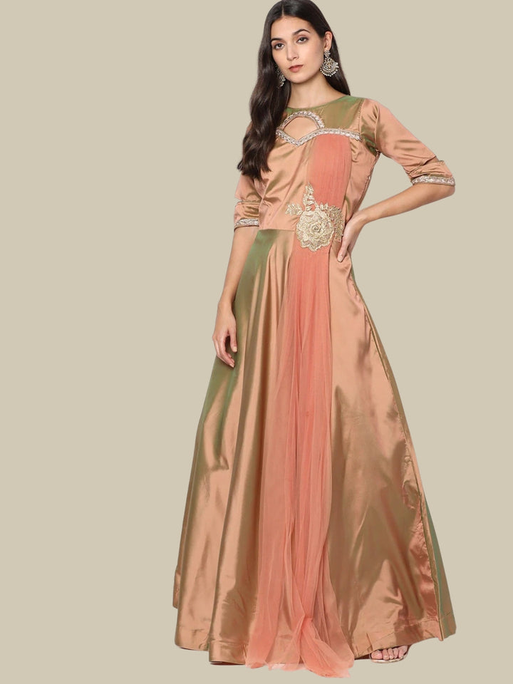 Pastel Applique Floral Embroidery Cocktail Gown with Cutouts