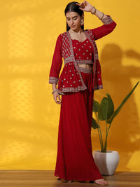 Chhabra 555 Zari Embroidered Indo western Kurta with Peplum Style Jacket, Crop Top & Pleated Palazzo