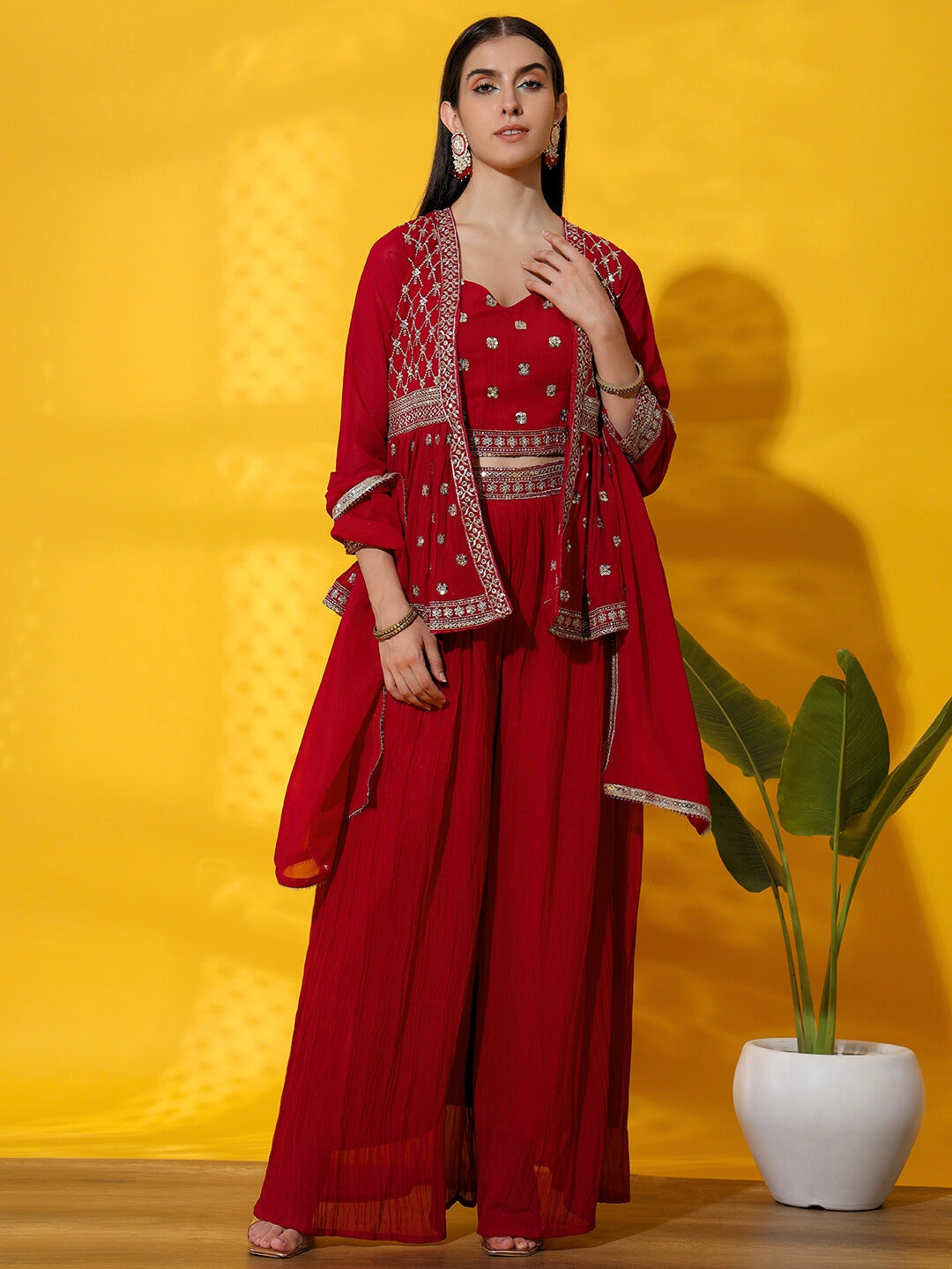 Zari Embroidered Indo western Kurta with Peplum Style Jacket, Crop Top & Pleated Palazzo