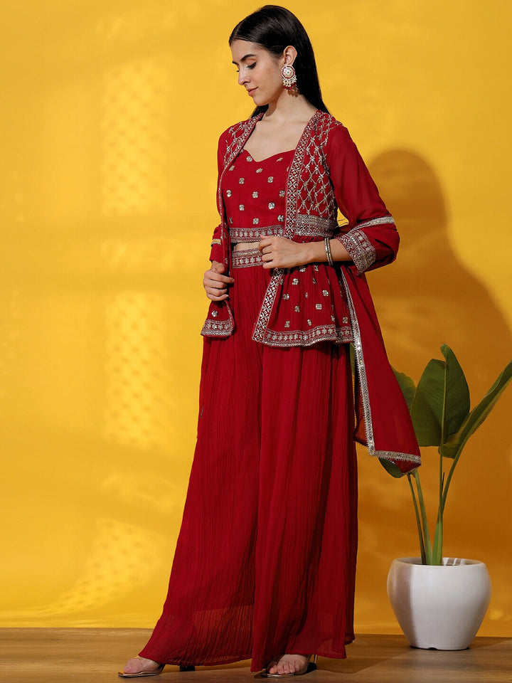 Zari Embroidered Indo western Kurta with Peplum Style Jacket, Crop Top & Pleated Palazzo