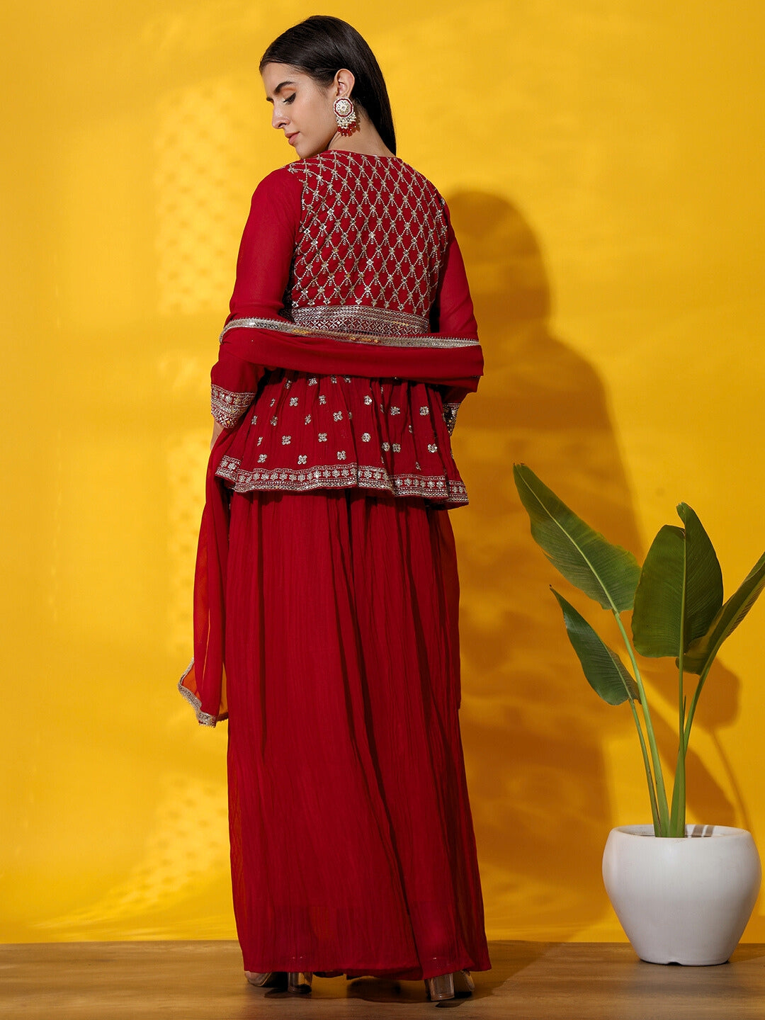 Zari Embroidered Indo western Kurta with Peplum Style Jacket, Crop Top & Pleated Palazzo