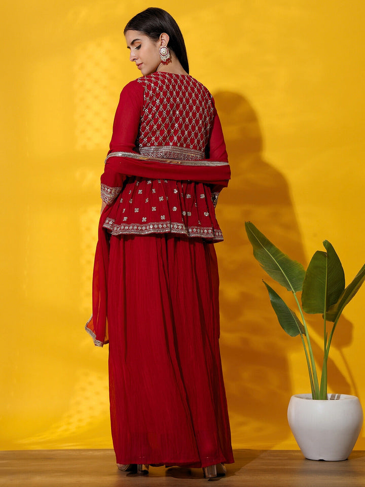 Zari Embroidered Indo western Kurta with Peplum Style Jacket, Crop Top & Pleated Palazzo