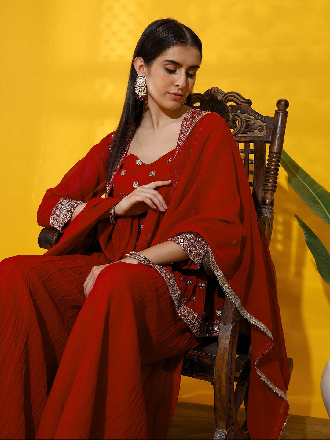 Zari Embroidered Indo western Kurta with Peplum Style Jacket, Crop Top & Pleated Palazzo