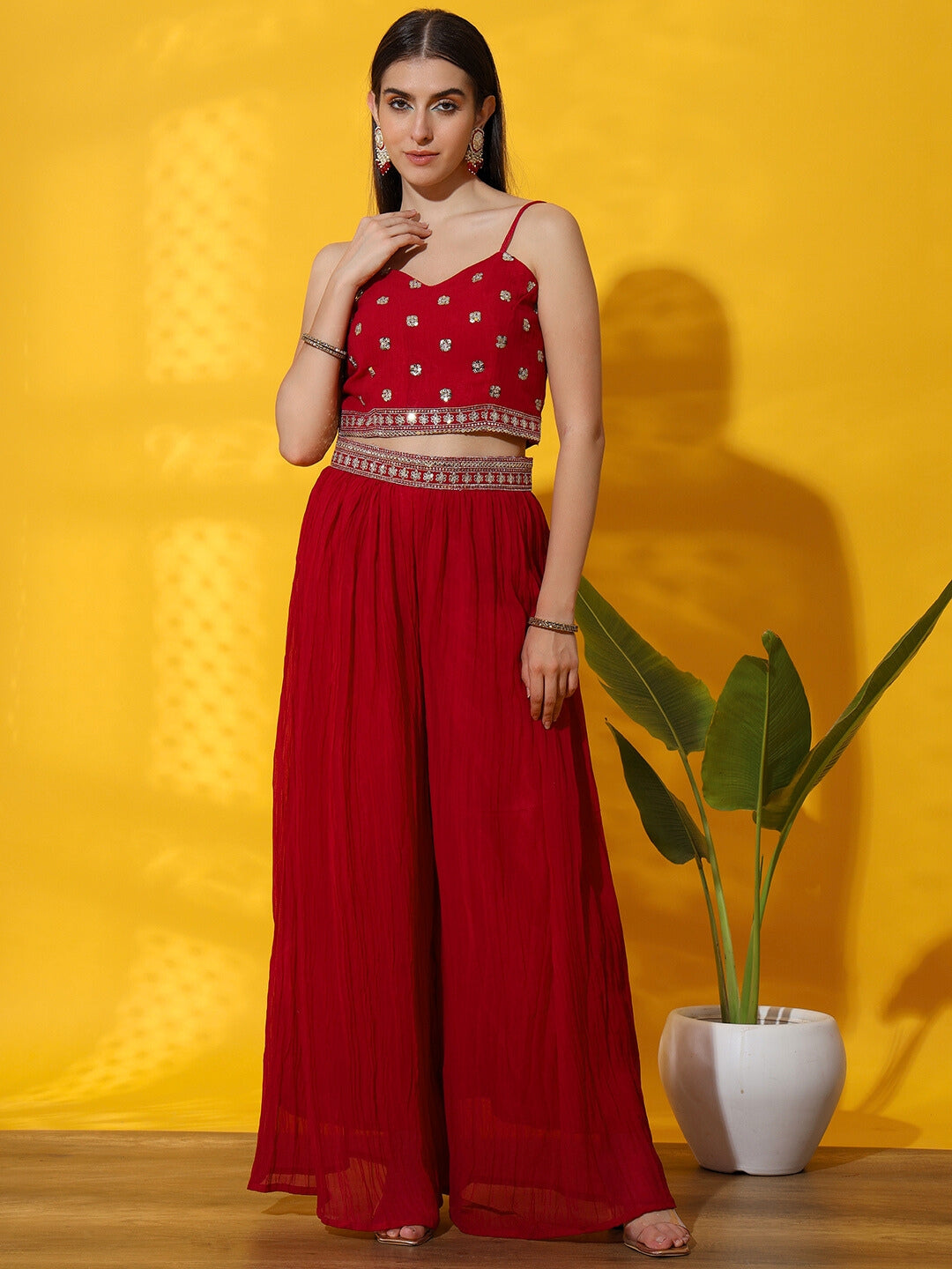 Zari Embroidered Indo western Kurta with Peplum Style Jacket, Crop Top & Pleated Palazzo