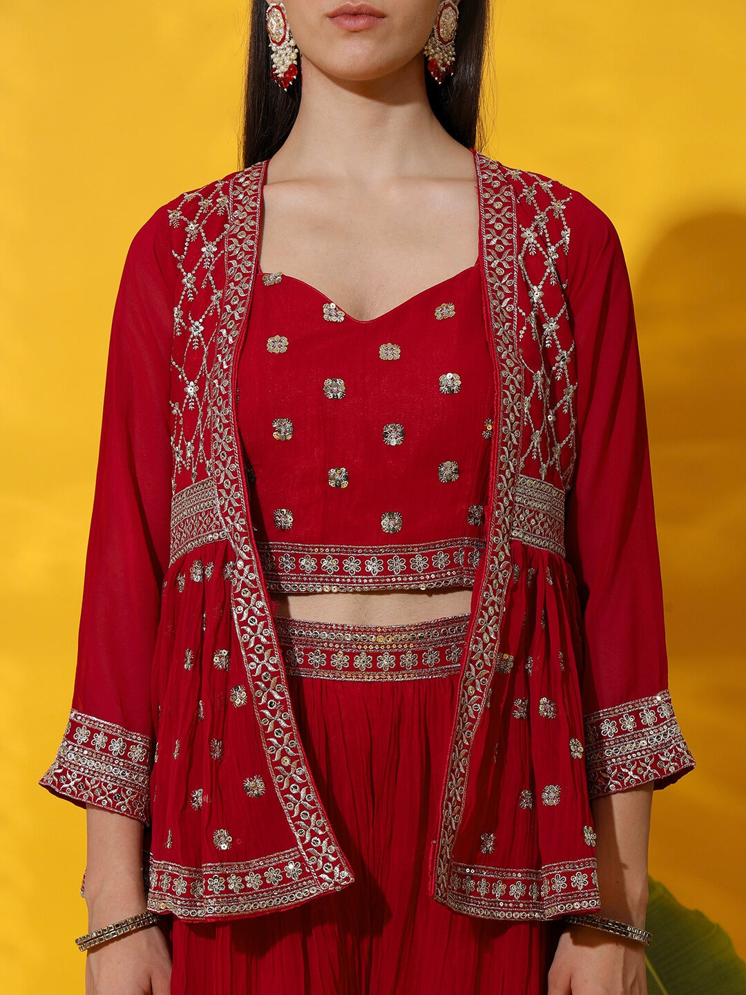 Zari Embroidered Indo western Kurta with Peplum Style Jacket, Crop Top & Pleated Palazzo