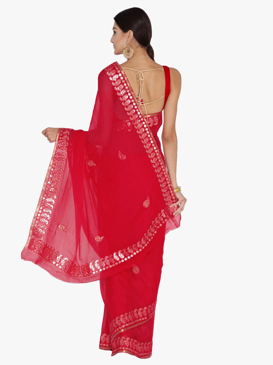 Red Chiffon Jaipuri Hand Emboidered Gotta Patti  Saree with Paisley Pattern