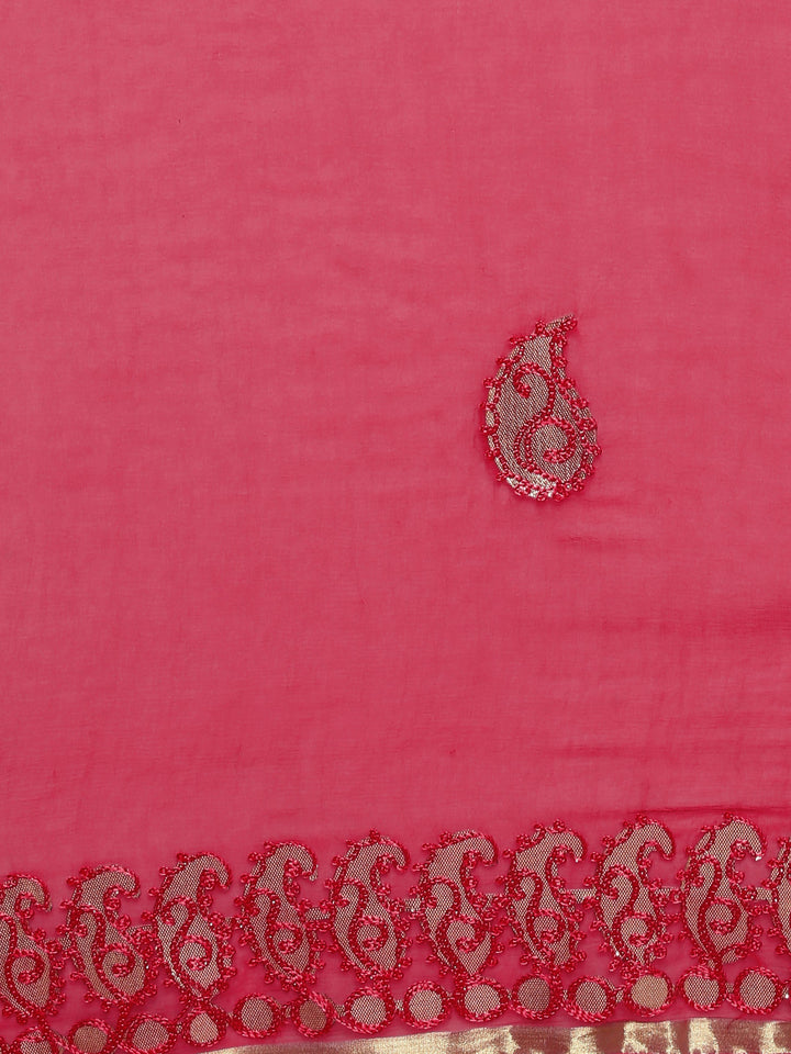 Red Chiffon Jaipuri Hand Emboidered Gotta Patti  Saree with Paisley Pattern