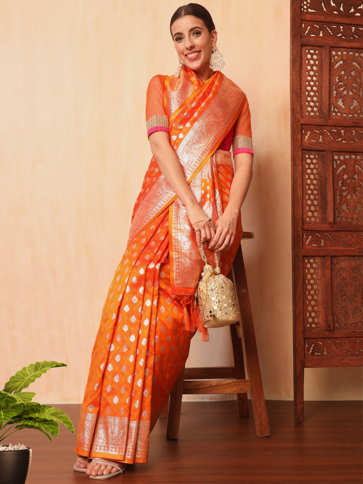 Orange Resham & Zari Woven Traditional Silk Banarasi Saree