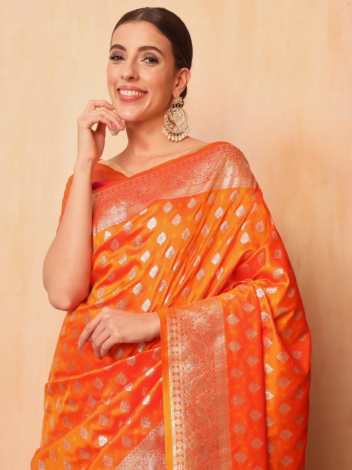 Orange Resham & Zari Woven Traditional Silk Banarasi Saree