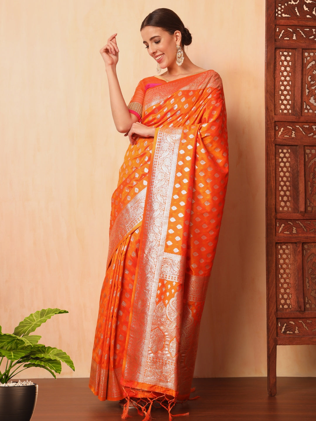 Orange Resham & Zari Woven Traditional Silk Banarasi Saree